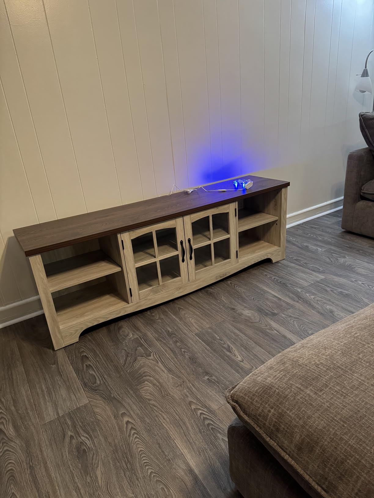 LINSY HOME TV Stand for 75 Inch TV, Modern Farmhouse Entertainment Center with Storage Cabinets and Glass Doors, Tall Media Console Table for Living Room, Bedroom, Large Long Television Stand, Beige customer photo 2
