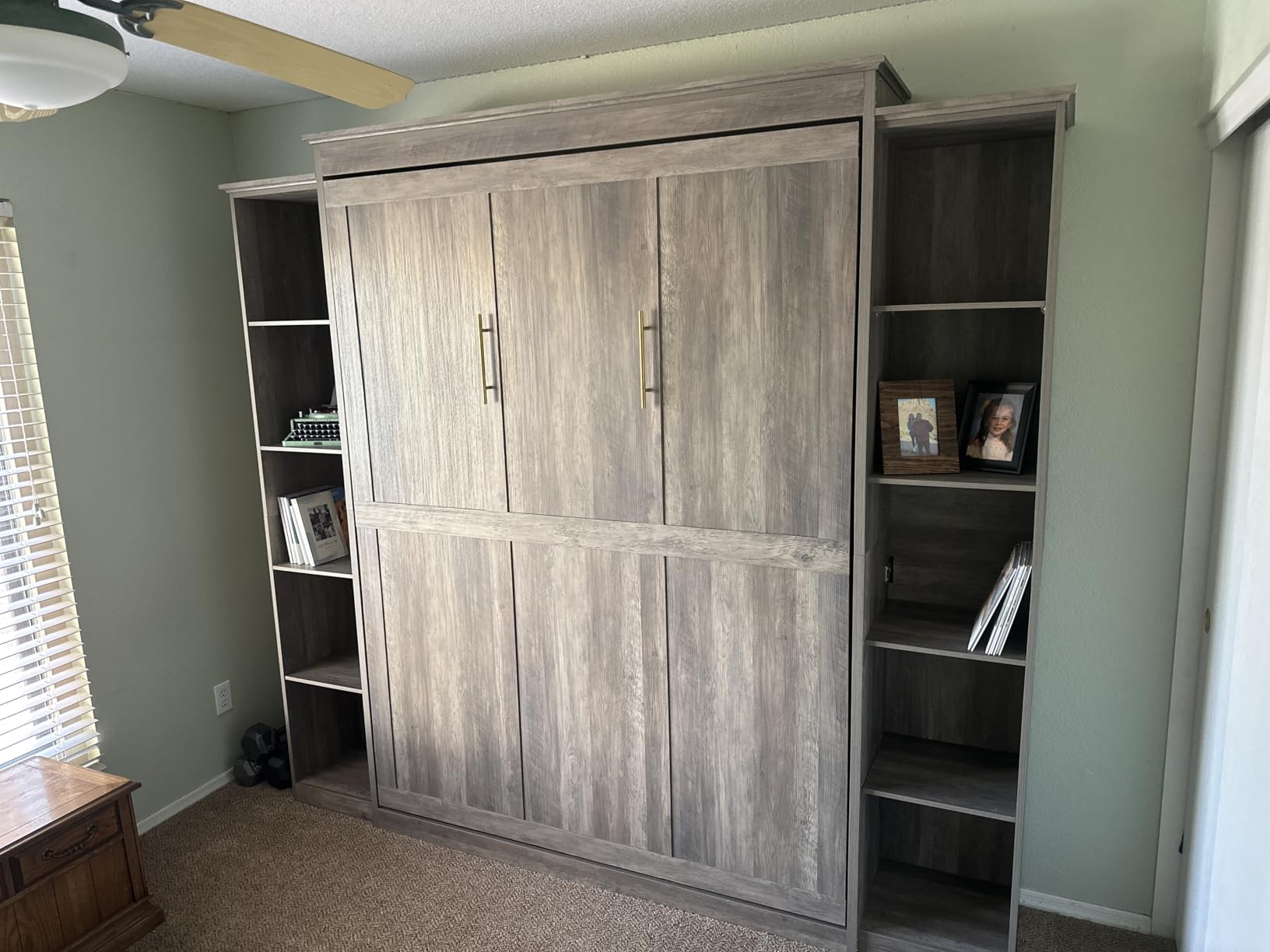 Queen Murphy Bed with Storage Bookcase & 4 Adjustable Shelves, Foldable Space-Saving Queen Wood Wall Bedframe with Metal Legs, Hidden Bedframe for Guest Room, Study, Home, Office, Bedroom, Natural Wood Color customer photo 1