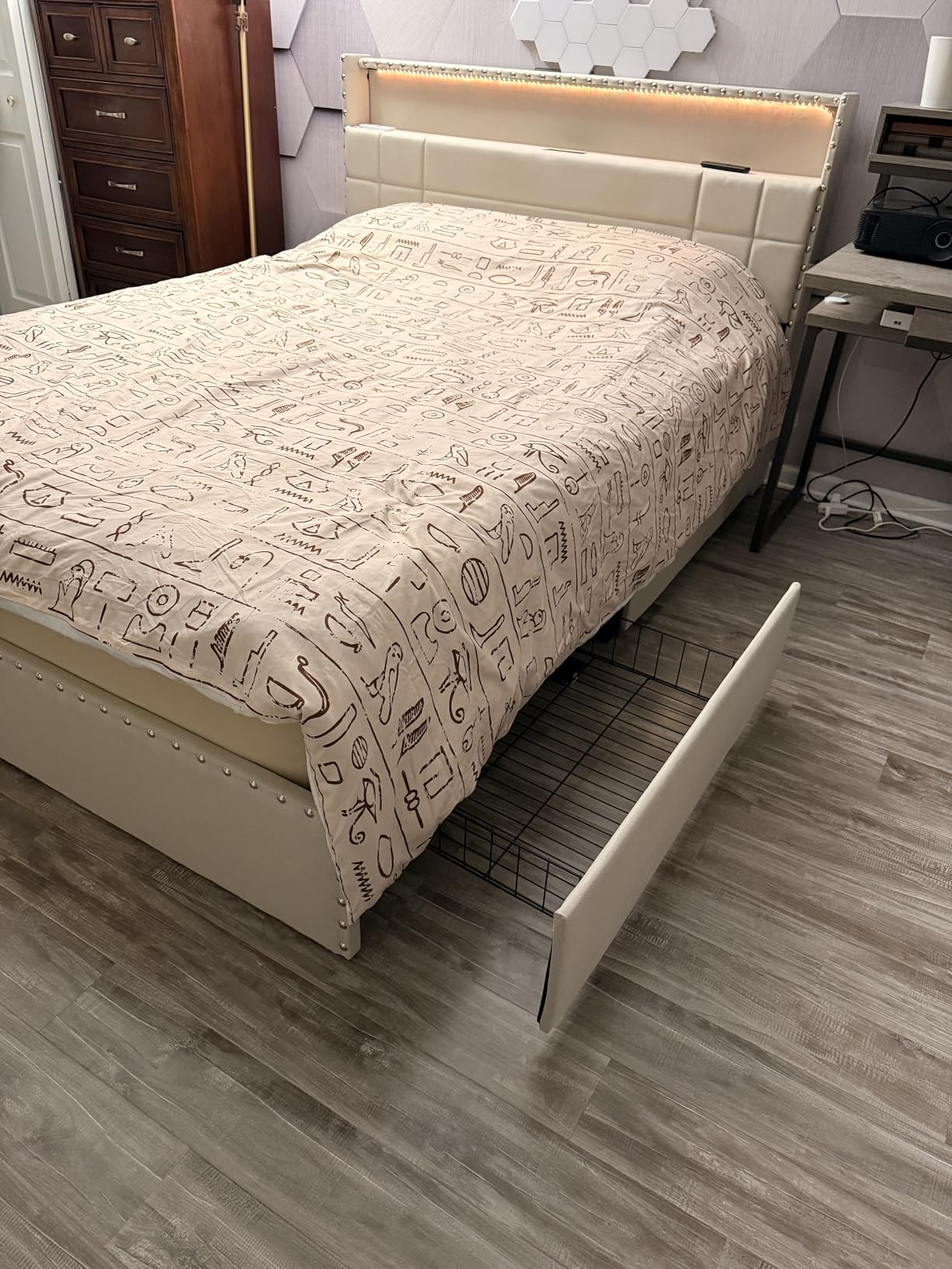 Forestell Queen Bed Frame with 4 Drawers and Storage Headboard, Upholstered Platform Bed Frame Queen Size with LED Lights and Charging Station, Metal Slats Support, No Box Spring Needed, Beige customer photo 2