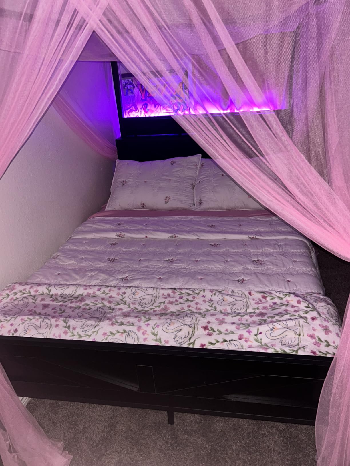Queen Size Canopy Bed Frame with Barn Door Storage Headboard, Metal Slats Support LED Light & Charging Station/No Box Spring Needed/Easy Assembly/Curtain Not Included/Black customer photo 2