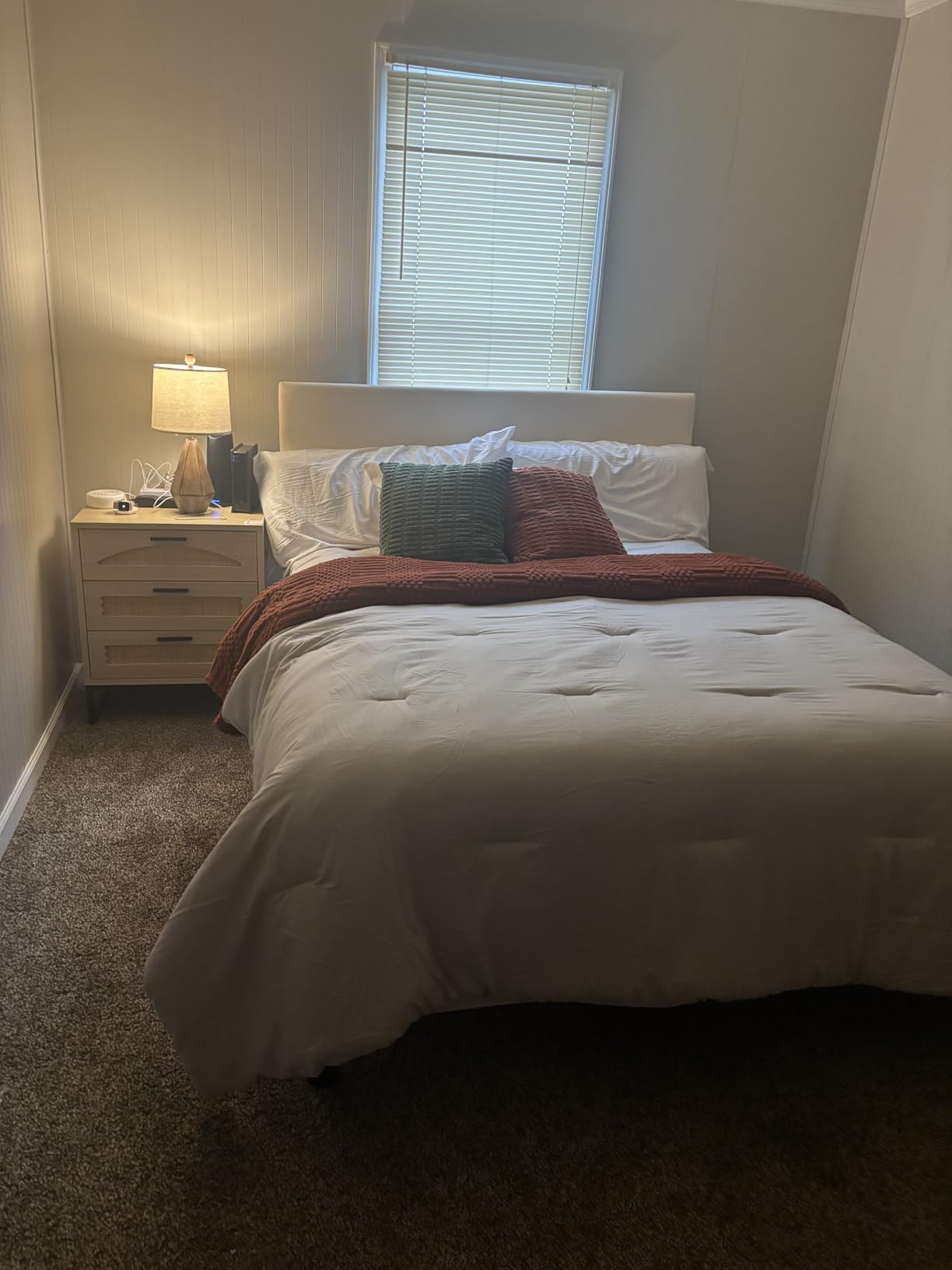GRUSIGN Queen Size Platform Bed Frame with Velvet Headboard, Adjustable Height Wooden Slats Support, Upholstered Mattress Foundation, Fits Mattress or Mattress with Box Spring, Easy Assembly, Beige customer photo 1