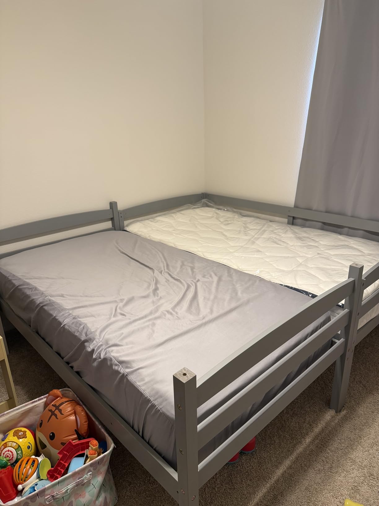 KOMFOTT Twin Over Full Bunk Bed, Pine Bed Frame with 3-Step Ladder, Full-Length Guardrails & 21 Wooden Support Slats, Solid Wood Bunk Bed for Teens, Kids, Adults, Dorms and Apartments (Grey) customer photo 1