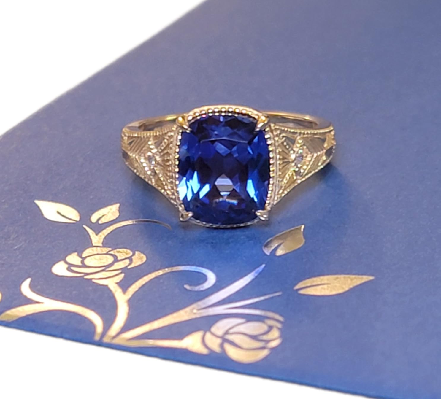 Certified 5.7CT Lab Grown Sapphire Ring, Cushion Cut, 14K Gold Vermeil customer photo 1