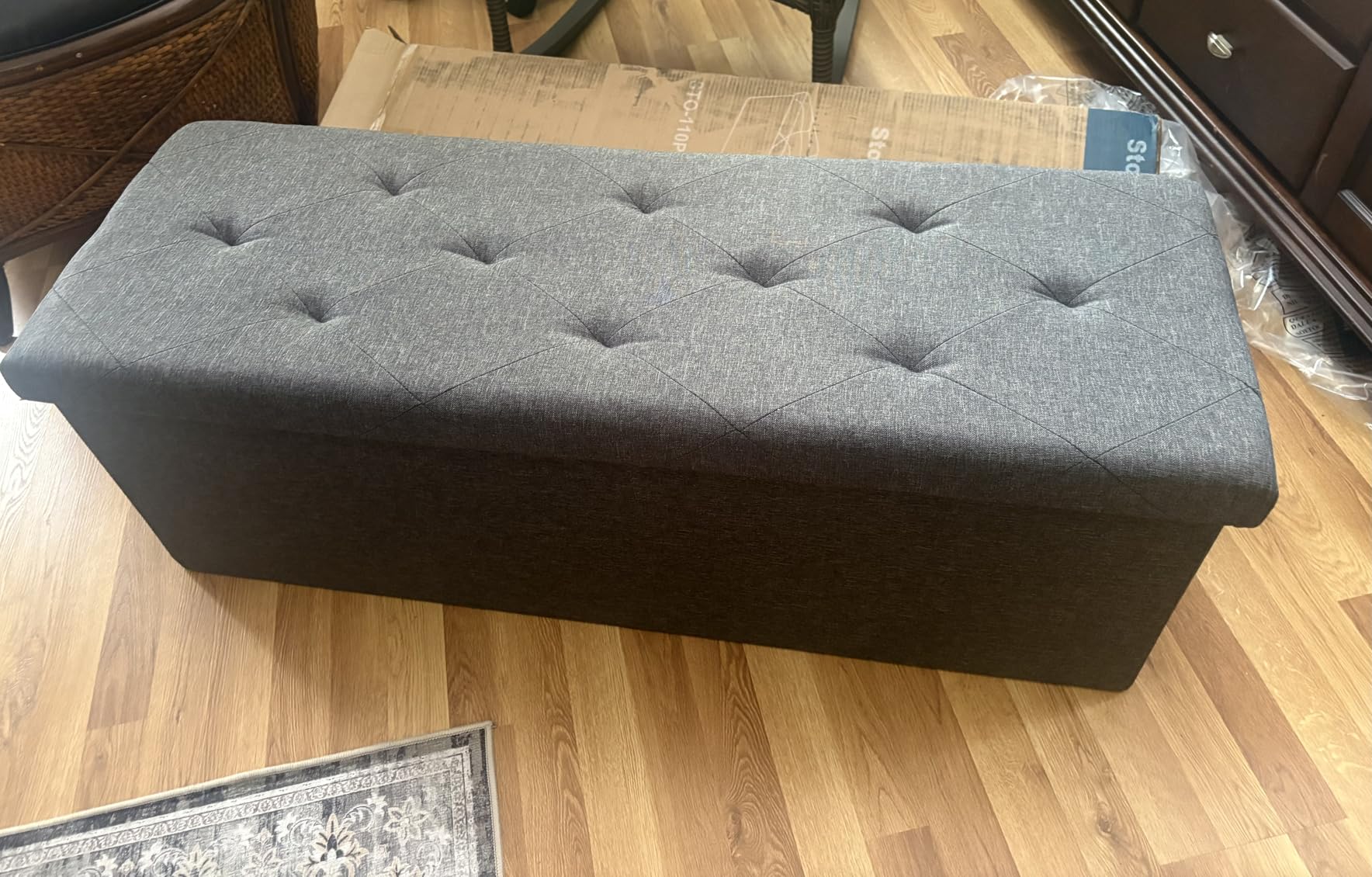 DUMOS 43 Inch Folding Storage Ottoman Bench, Large Hidden Storage Chest with Thicker Foam Padded Seat, End of Bed Foot Rest Stool for Bedroom Living Room Entryway, Load 660 lbs, Grey customer photo 2