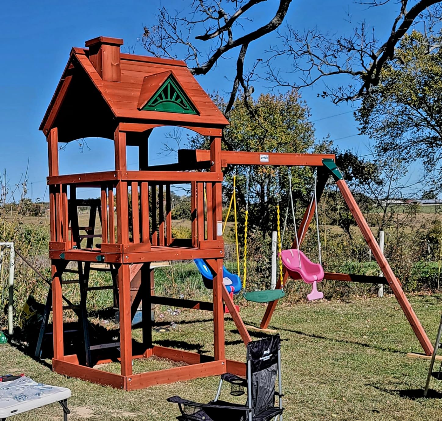Gorilla Playsets Nantucket II Wood Swing Set with Wood Roof, Two Swings, Slide, Sandbox Area, Rock Wall, Redwood Color customer photo 2