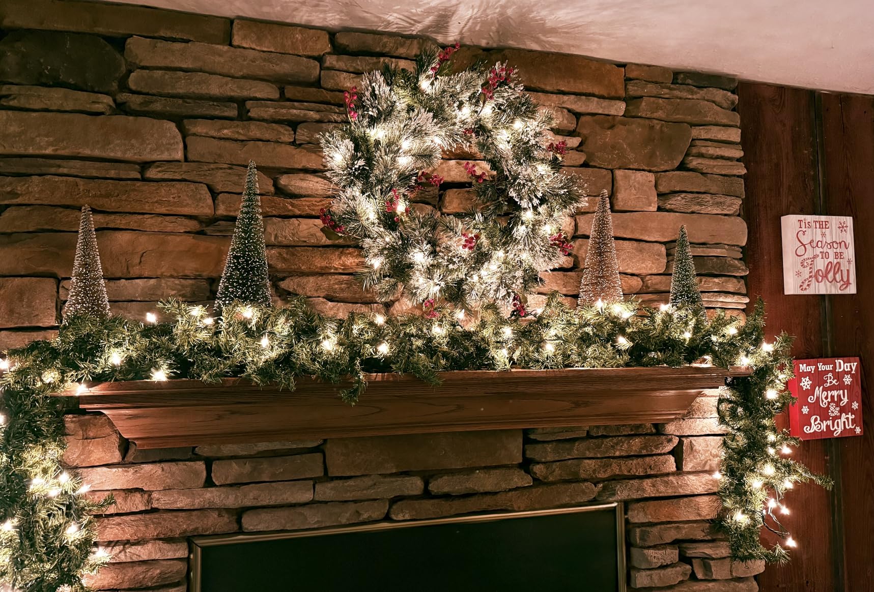 National Tree Company 24 in Pre-Lit Wintry Pine Flocked Artificial Christmas Wreath with Pinecones, Red Berries, 50 Clear LED Lights, 113 Tips, Timer customer photo 2