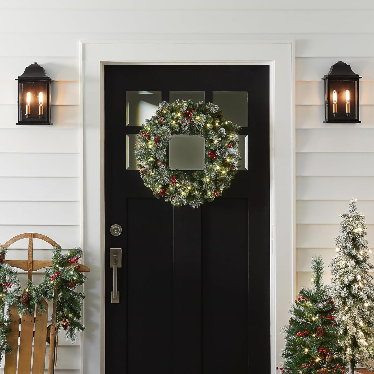 National Tree Company 24 in Pre-Lit Crestwood Spruce Artificial Christmas Wreath with Glitter, Pinecones, Red Berries, 50 Warm White LED Lights, 160 Tips, Timer customer photo 1