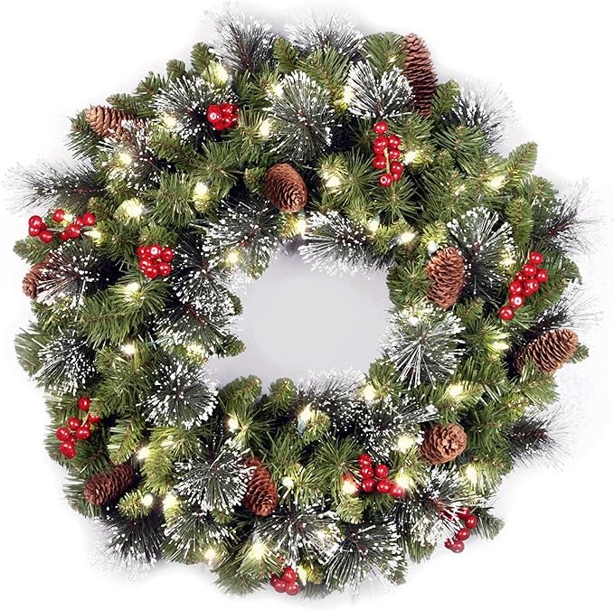 National Tree Company 30 in Pre-Lit Crestwood Spruce Artificial Christmas Wreath with Glitter, Pinecones, Red Berries, 70 Clear LED Lights, 200 Tips, Timer customer photo 2