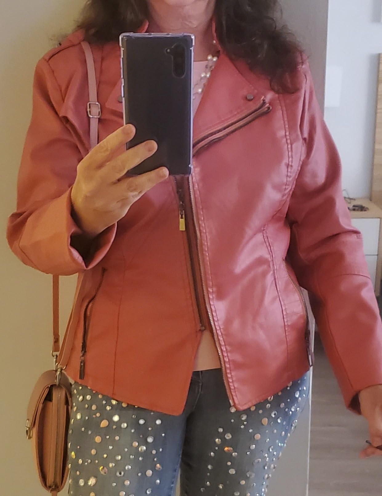 chouyatou Women's Candy Color Asymmetric Zip Slim Faux Leather Cropped Moto Jacket customer photo 2