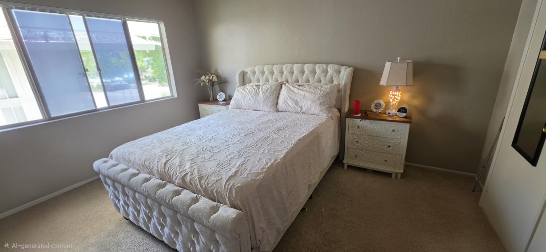 AMERLIFE King Size Platform Bed Frame, Chenille Upholstered Sleigh Bed with Scroll Wingback Headboard & Footboard/Button Tufted/No Box Spring Required/Cream customer photo 1