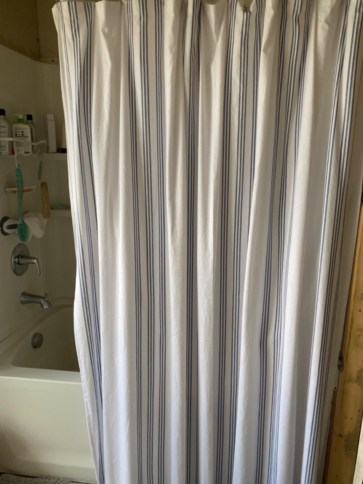 HALL & PERRY Modern Transitional Chambray Blue Striped Shower Curtain with Tassels - Vertical White and Chambray Blue Striped 100% Cotton, 72