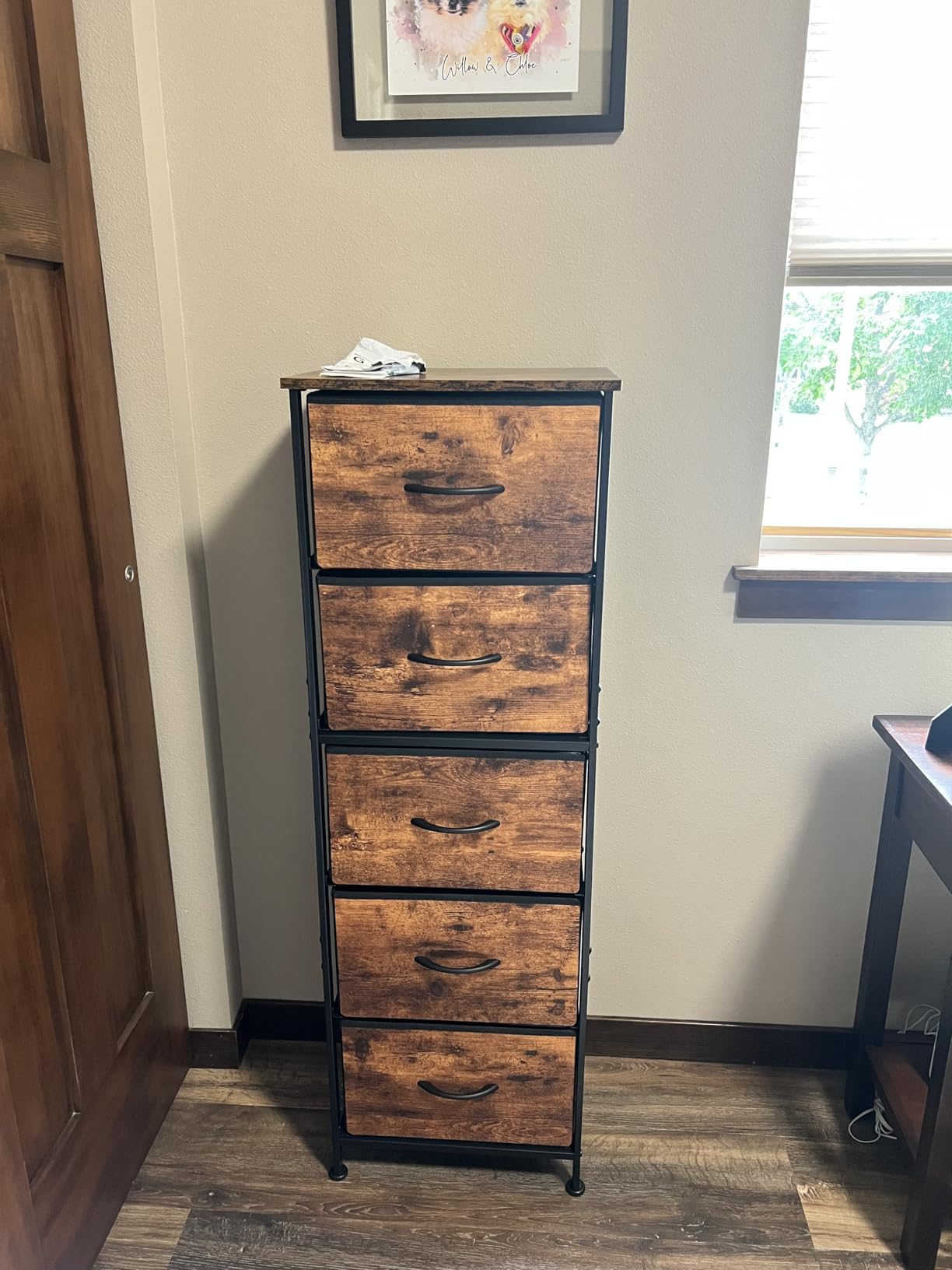 WLIVE Fabric Dresser for Bedroom, 5-Drawer Tall Dressers, Storage Organizer with Fabric Bins, Wood Top, Sturdy Steel Frame, Chest of Drawers for Closet, Hallway, Rustic Brown Wood Grain Print customer photo 2
