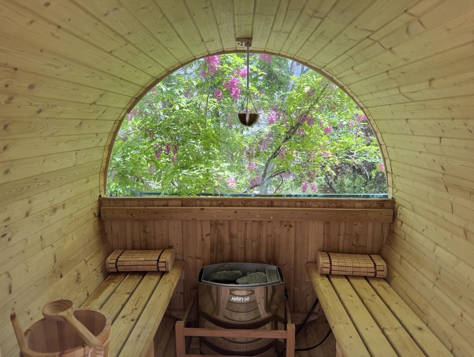WOODBRIDGE 4-Person Luxury Finland Thermo Pine Outdoor Barrel Sauna with Half View Window, Harvia Electric Heater with Sauna Stone, Sauna Accessories Kit and Asphalt Shingle Roof, 4'x6', OBS1818 customer photo 1