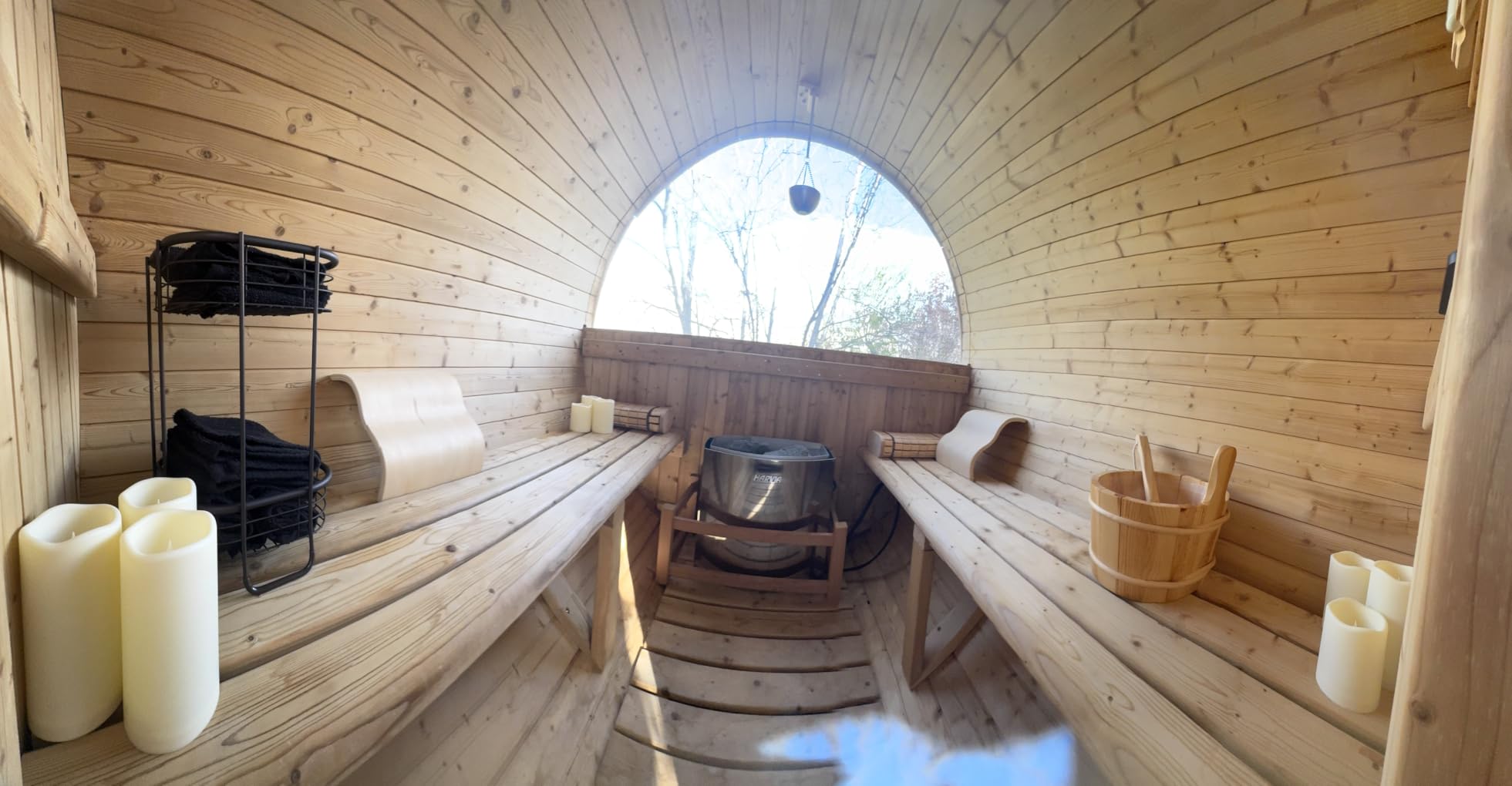 WOODBRIDGE 4-Person Luxury Finland Thermo Pine Outdoor Barrel Sauna with Half View Window, Harvia Electric Heater with Sauna Stone, Sauna Accessories Kit and Asphalt Shingle Roof, 4'x6', OBS1818 customer photo 2