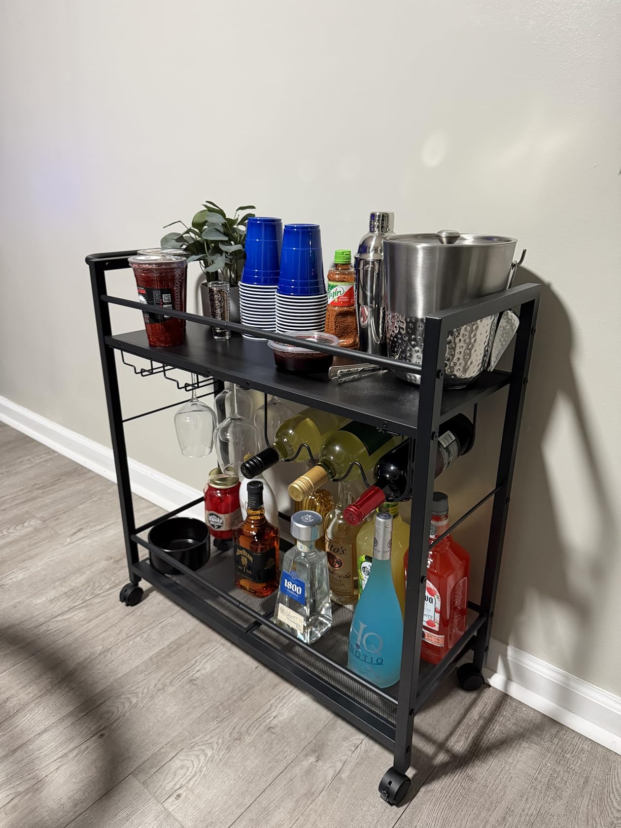 Joaxswe Bar Cart,Home Bar Serving Cart with Storage Shelves, 2 Tier Rolling Beverage Cart with Wheels, Modern Wine Cart with Wine Rack and Glass Holder for Kitchen, Living Room,Dinning Room,Black customer photo 2