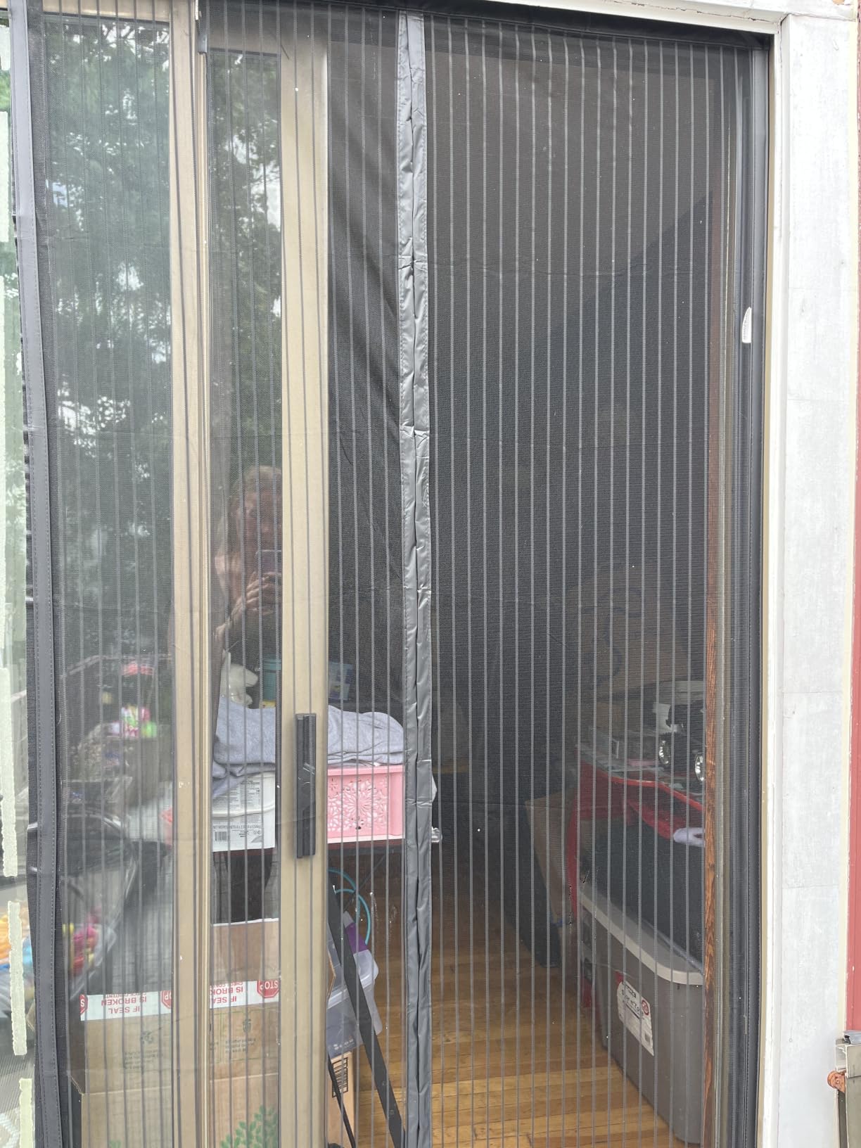 Kitsure Magnetic Screen Door - 38.0'' x 82.0'' Retractable Screen Door Mesh for Entry Door or Sliding Door, Pet & Kid Friendly, Hands-Free Closure Keeps Bugs Out & Lets Breeze in, Stripe Black customer photo 1
