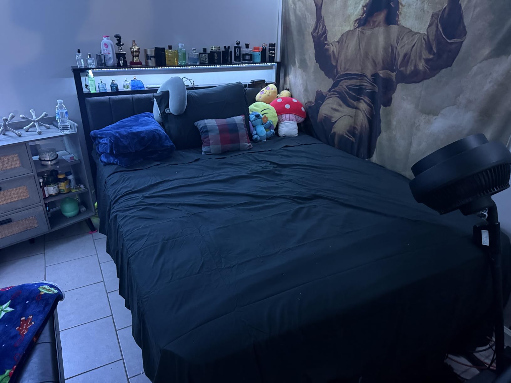 Furnulem Queen Bed Frame with Charging Station and LED Lights, Grey Upholstered Headboard with Shelves, Metal Platform Bed with 2 Under-Bed Storage (Fabric Drawer on Wheels), No Box Spring Needed customer photo 1