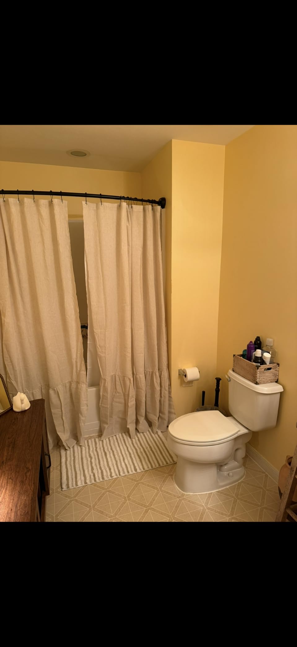 Farmhouse Shower Curtain Ruffle Linen Cream-Brown Stripe 72