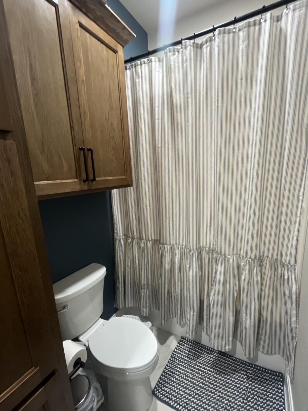 Farmhouse Shower Curtain Ruffle Linen Cream-Brown Stripe 72