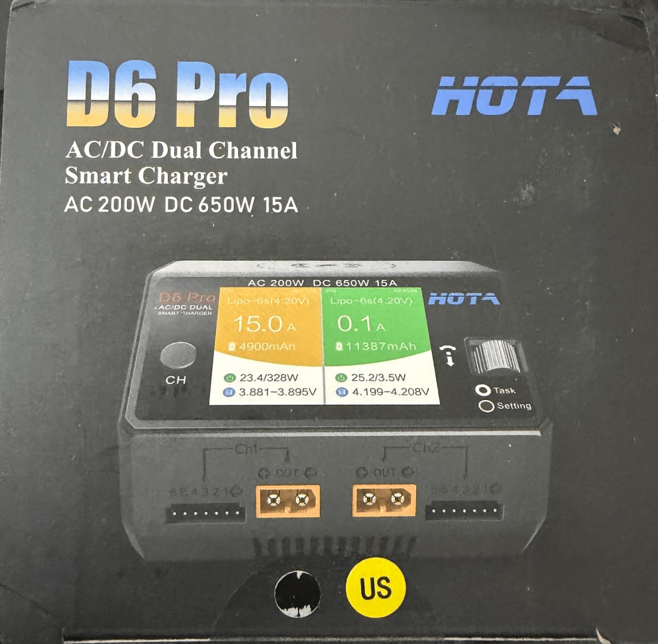 HOTA D6 Pro RC LiPo Battery Charger Dual Channel AC 200W for FPV Drone Car | DC 650W (2x15A) for 1-6S LiPo/LiIon/LiHv/NiMh XT60 RC Vehicle Boat Balance Battery, 2.8