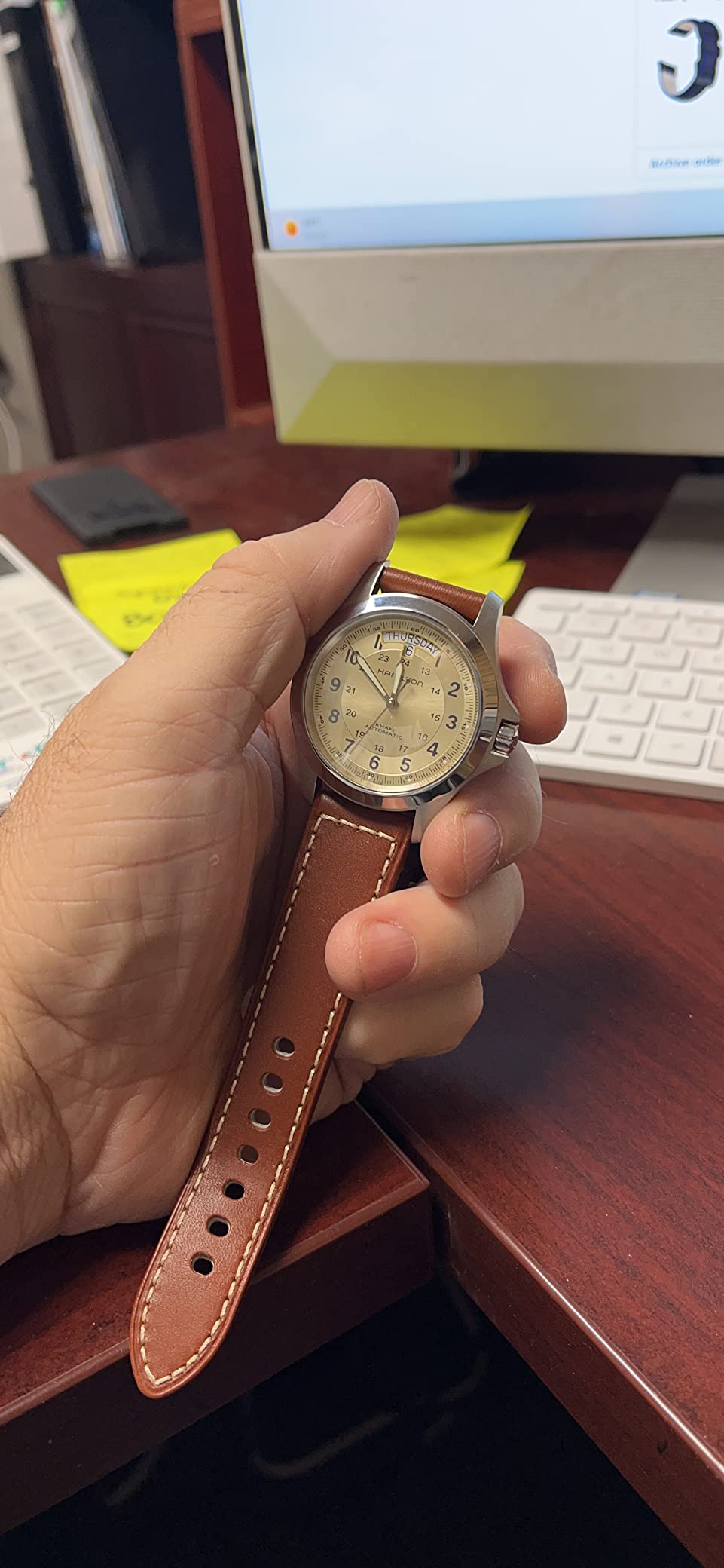 Hamilton Khaki Field King Automatic Men's Watch, 40mm Stainless Steel Case, Swiss Made, Beige Dial Analog Wrist Watch for Men, 50m Waterproof, Sapphire Crystal, Cow Leather Strap customer photo 2