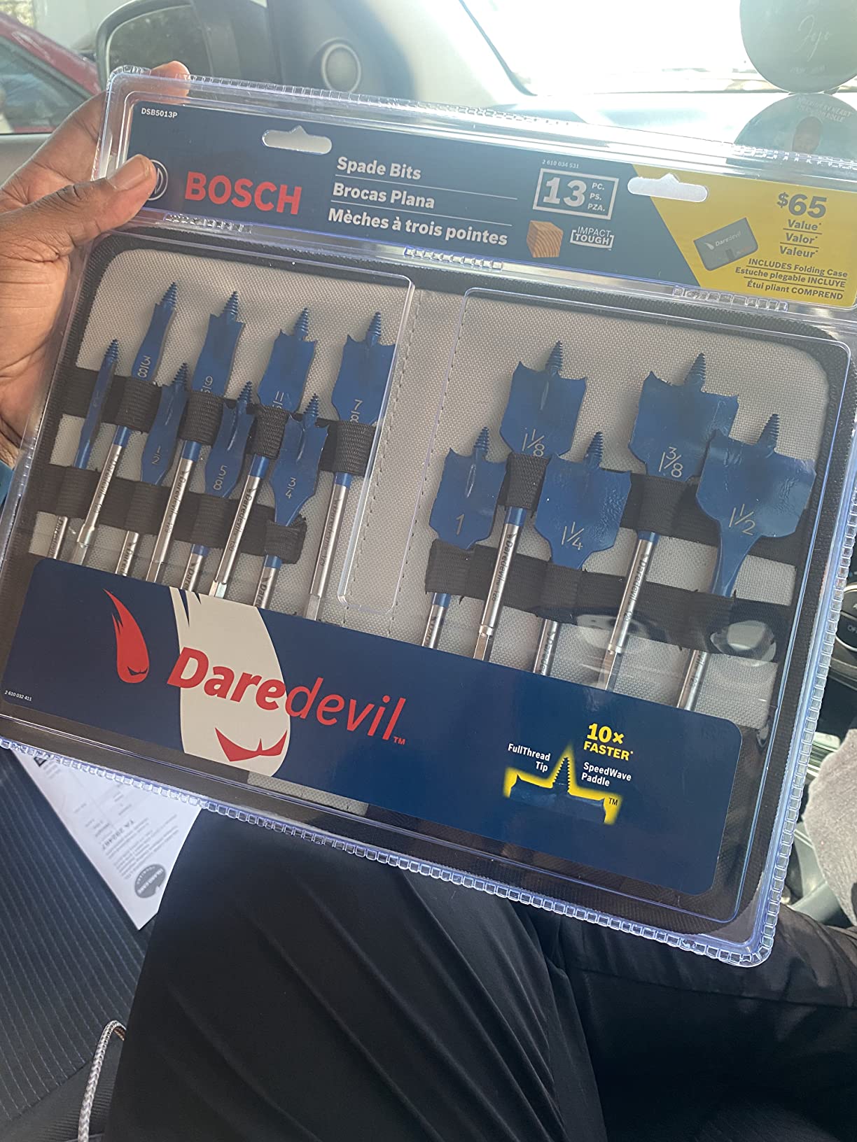 Bosch DSB5013P 13-Piece Spade Drill Bit Set Universally Compatible | Daredevil Hex shank drill bit set with full-cone threaded tip, spur and reamer tips, sizes 1/4 in. to 1-1/2 in customer photo 1