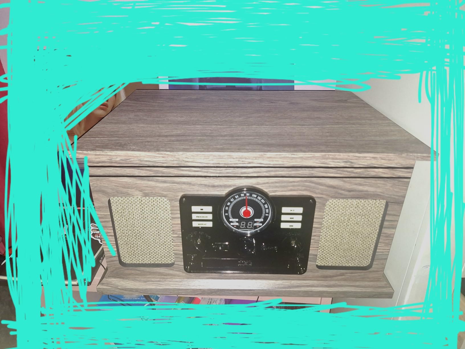 Victrola Quincy - 6-in-1 Bluetooth Record Player - Mahogany | Plays vinyl, CD, cassette and FM radio through built-in stereo speakers, Bluetooth and aux streaming, headphone jack customer photo 1