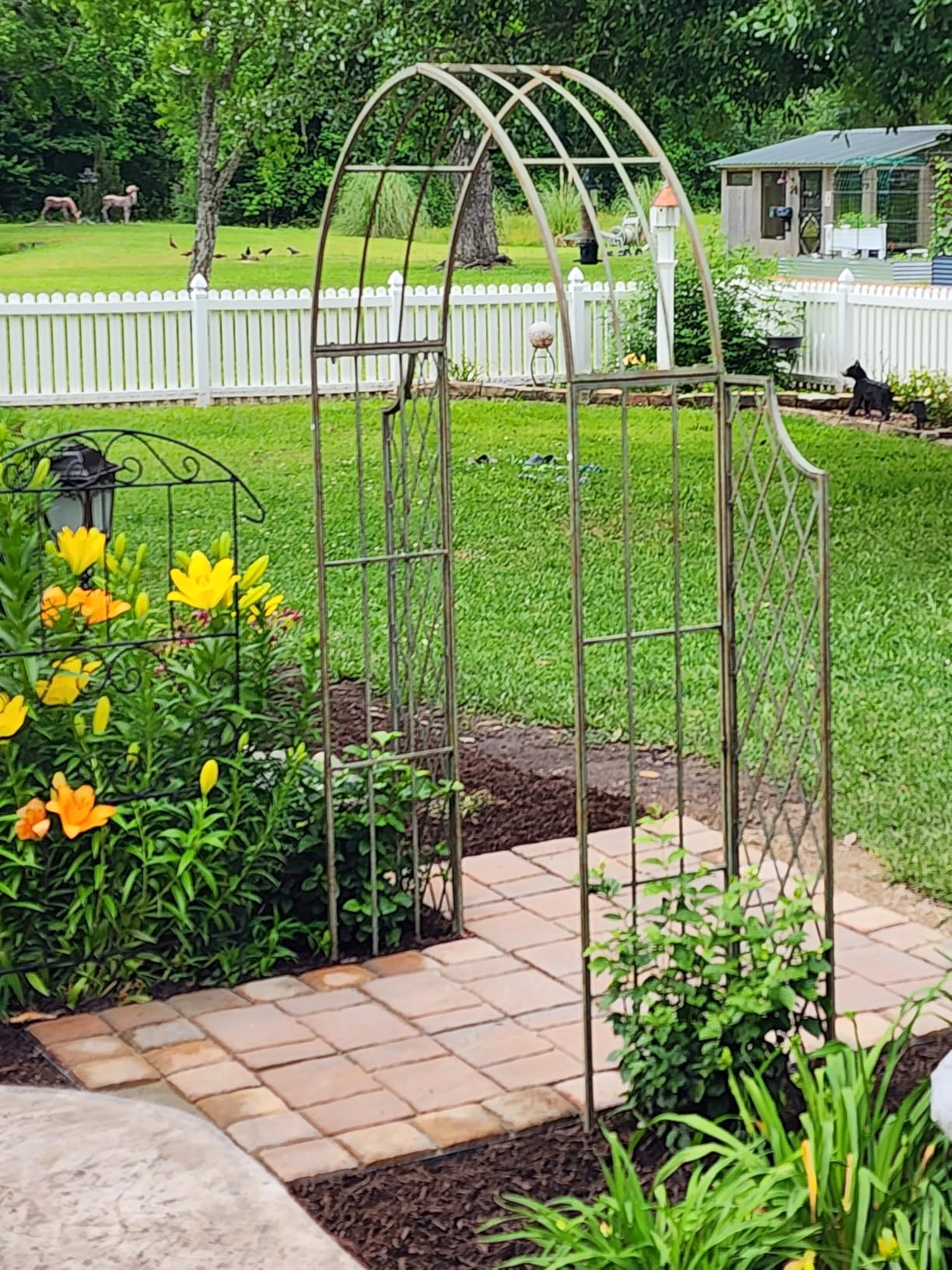 SAFAVIEH Outdoor - Jaida Garden Arbor - Rustic Blue Iron Metal - Vintage Scrollwork Trellis Design - Ideal for Garden, Yard, Patio, Entryway, 68.5