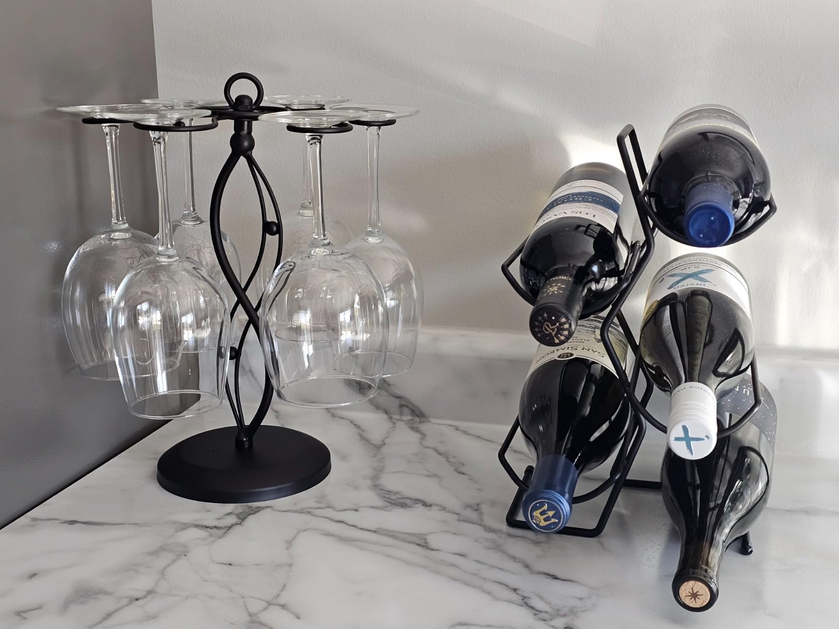 MyGift 6-Hook Rotating Wine Glass Rack with Sturdy Base & Scrollwork Design - Black Metal Countertop Stemware Holder | Rust-Resistant, Space-Saving Storage for Kitchen, Bar, Dining Table (13.75
