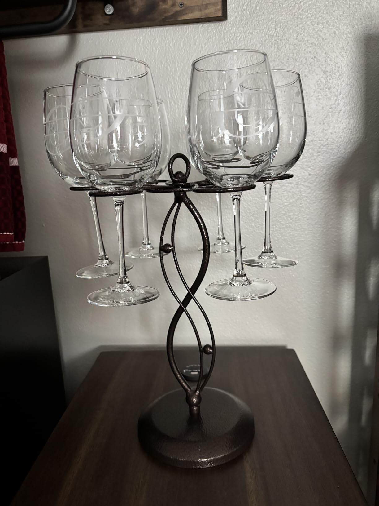 MyGift 6-Hook Rotating Wine Glass Rack with Sturdy Base & Scrollwork Design - Black Metal Countertop Stemware Holder | Rust-Resistant, Space-Saving Storage for Kitchen, Bar, Dining Table (13.75