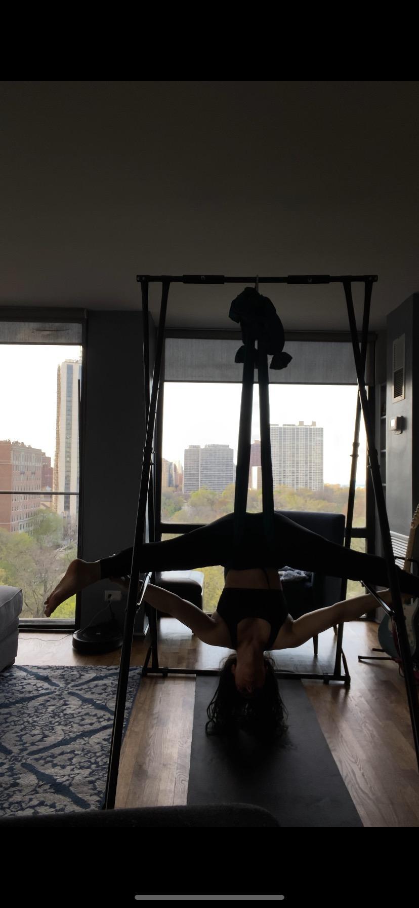 KHANH TRINH Foldable Pull Up Bar Stable Gymnastics Equipment Portable Aerial Yoga Stand Durable Frame For Hammock Chair, Therapy Sensory Swing. Adjustable Back Stretcher For Lower Back Pain Relief customer photo 1