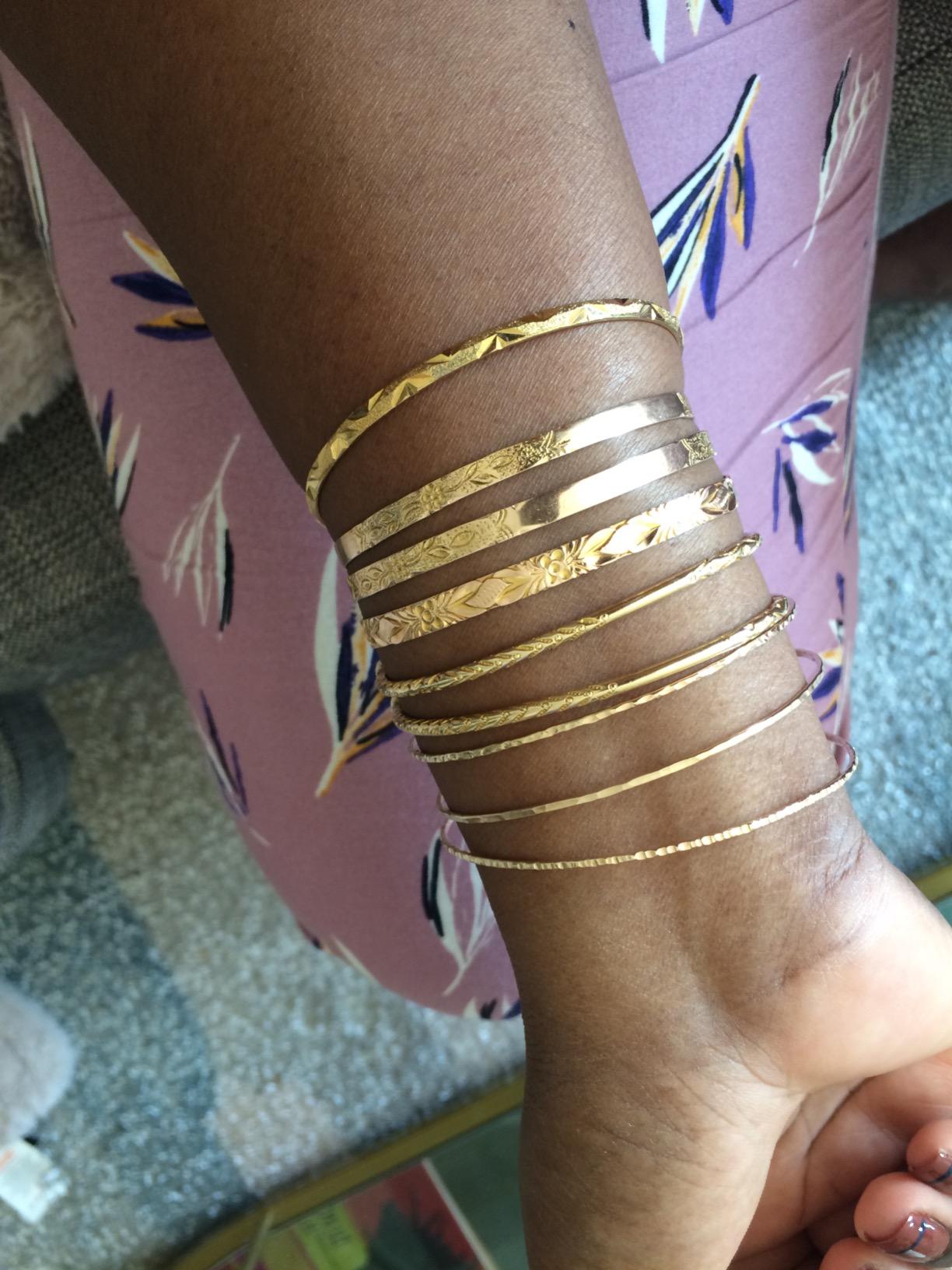 14k gold filled Bangles hammered slip on set of 3 textures, Mu-Yin Jewelry Handmade in USA customer photo 2