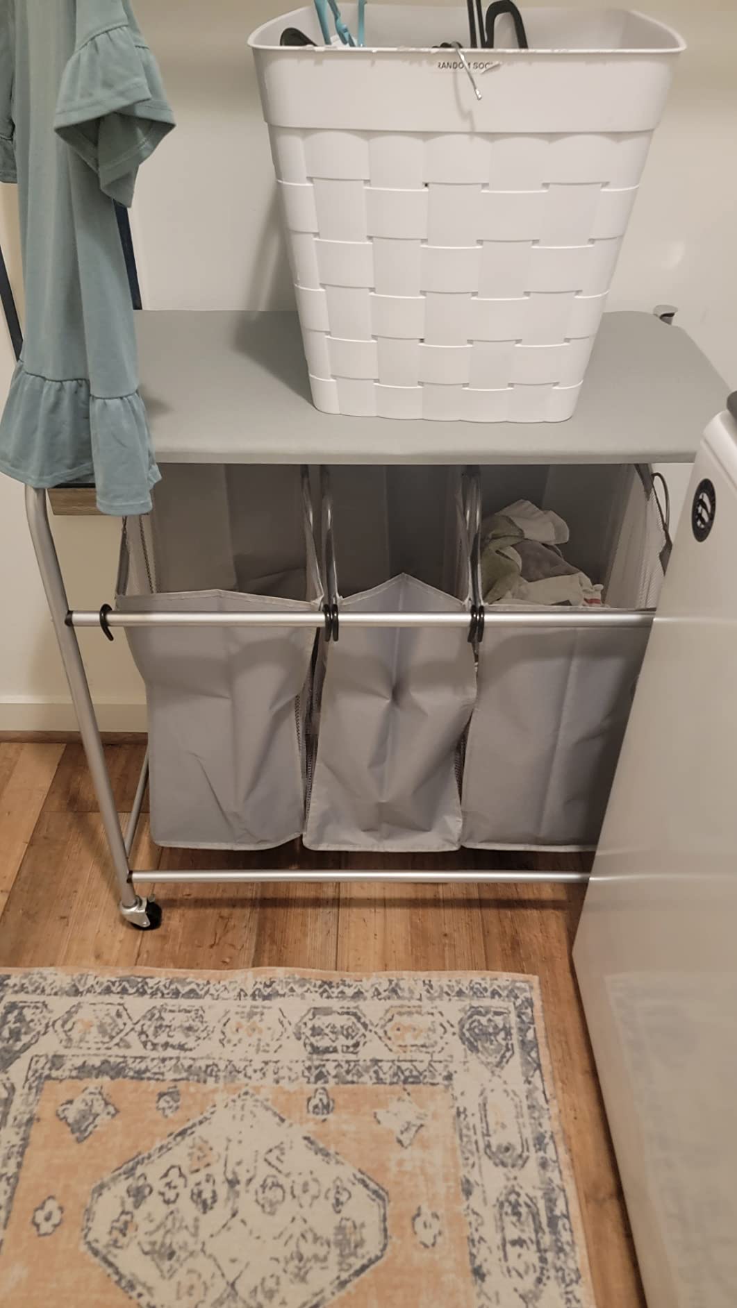 Whitmor 3 Section Rolling Laundry Sorter with Folding Station - Ironing Board, Chrome / Gray customer photo 1