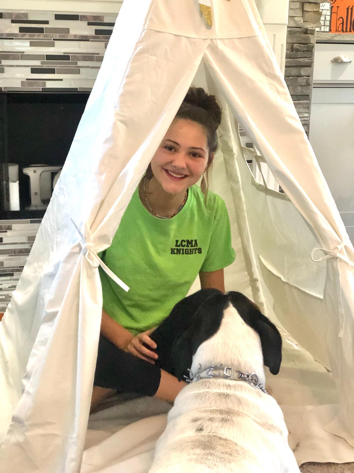 Little Dove Teepee Tent for Kids with Star Lights, Mat & Campfire Toy, Premium Cotton Canvas Kids Play Tent with Wooden Poles, Foldable Indoor Outdoor Playhouse with Carry Bag, Gift for Boys customer photo 1