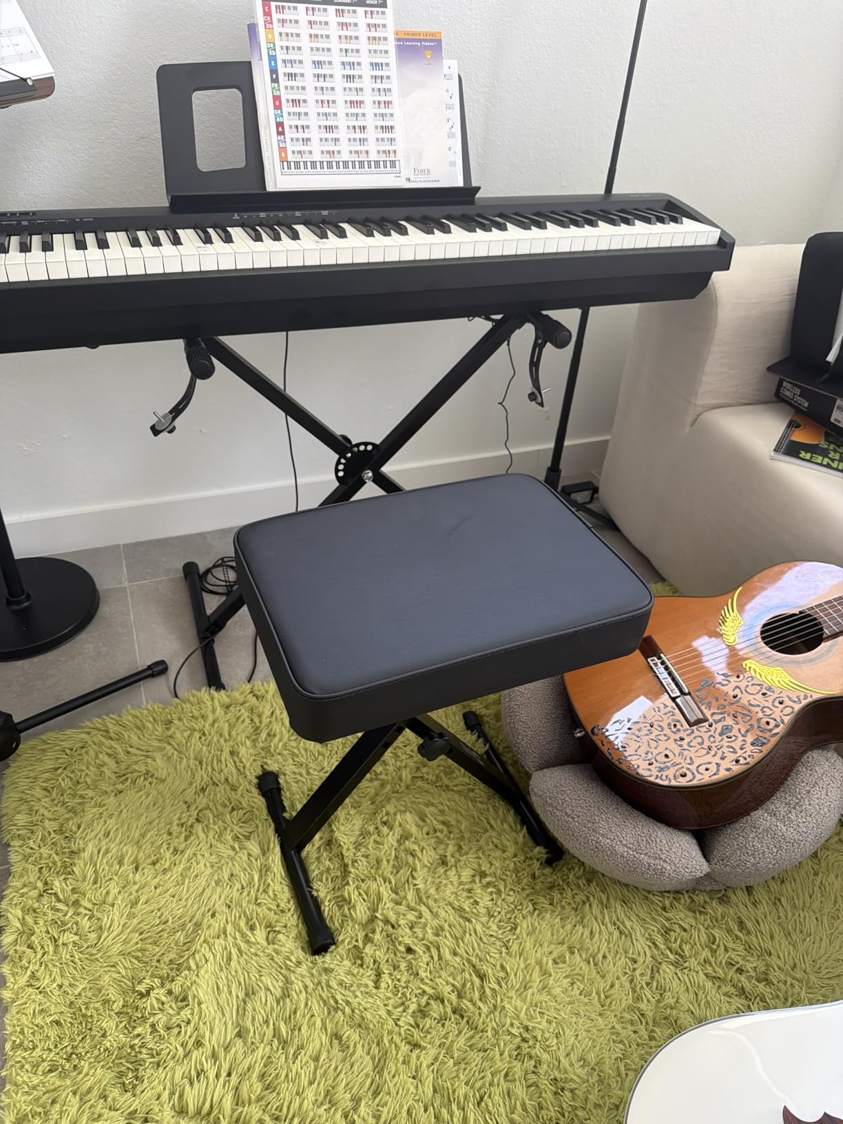 RockJam RJKBB100 Adjustable Padded Piano Bench, Keyboard Stool | Padded piano bench with 4 height settings and folding steel X frame for keyboard players, kids and adults customer photo 1