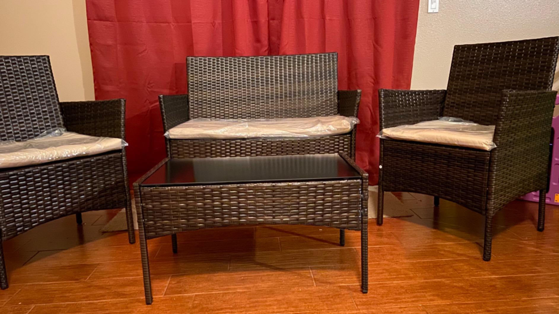 Homall 4 Pieces Outdoor Patio Furniture Set, Rattan Chairs, Brown & Beige | Outdoor Furniture, Wicker Patio Set, Balcony and Porch Furniture, Outdoor Dining Set for Backyard, Garden, Poolside customer photo 2