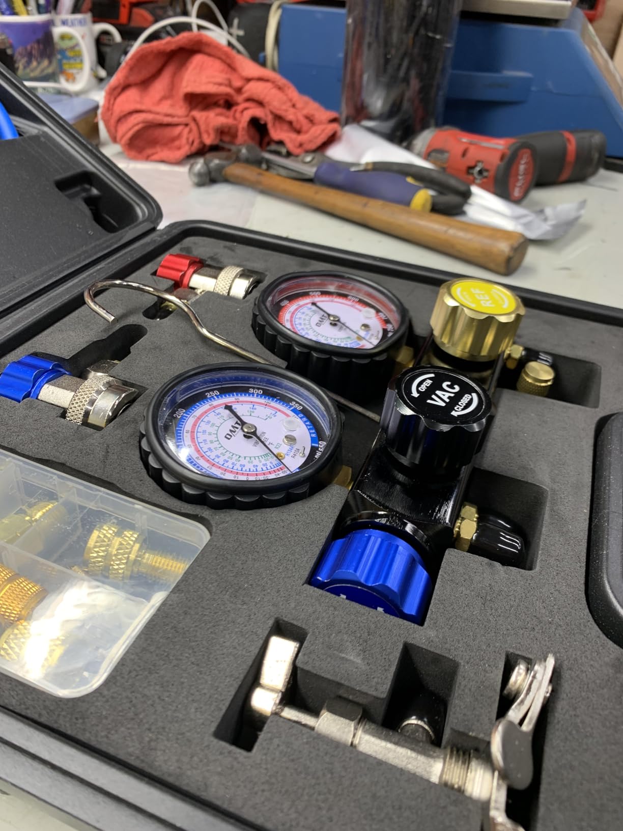 Orion Motor Tech 4 Way AC Gauge Set for R410a R22 R134a Refrigerant, 4 Valve Automotive AC Manifold with 5ft Hoses, R410a Adapters, Can Tap customer photo 2