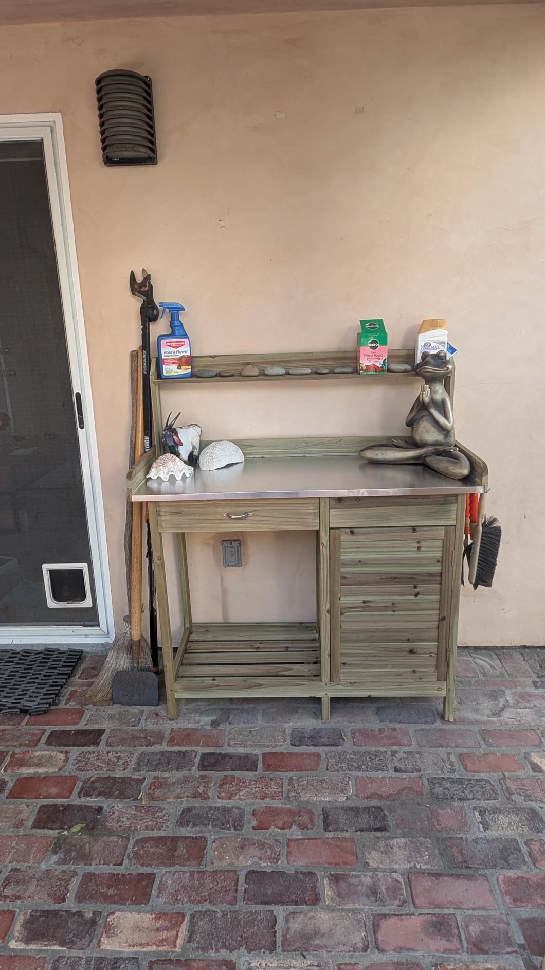 Yaheetech Potting Bench Outdoor Potting Table with Storage,Natural Wood | Outdoor potting bench with spacious metal tabletop keeps soil and water contained while providing a durable work surface for customer photo 1