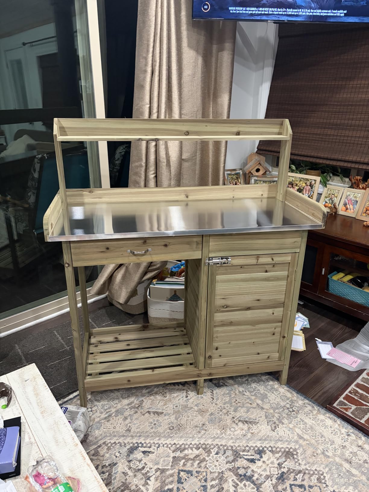 Yaheetech Potting Bench Outdoor Potting Table with Storage,Natural Wood | Outdoor potting bench with spacious metal tabletop keeps soil and water contained while providing a durable work surface for customer photo 2