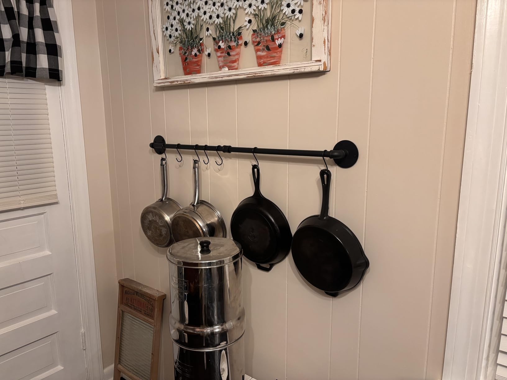 OROPY 38'' Pot Rack Wall Mounted, Iron Pipe Hanging Pot Rack, 14 S Hooks | Industrial Utensils Kitchen Hanging Rail, Pot and Pan Organizer, Pot Lid Organizer, Black customer photo 2