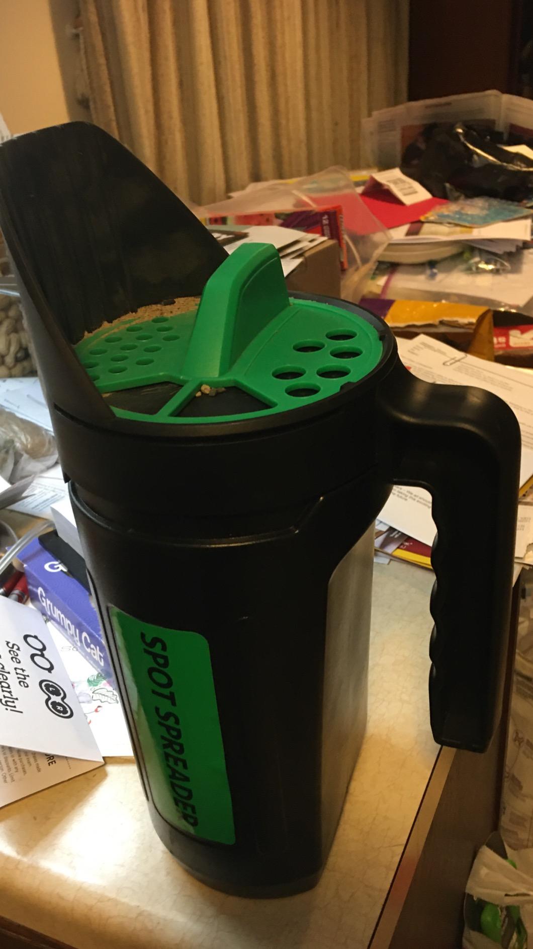 Hand Spreader Shaker for Seed, Salt, De-Icer, Ice Melt, Earth Food and Fertilizer - Multiple Opening Sizes for Any Need - Up to 80 Oz | 80 oz hand shaker with multiple openings spreads seed, salt, de-icer, ice melt and fertilizer evenly. customer photo 2