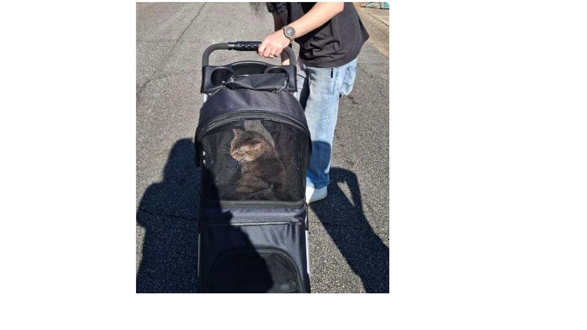 TRIXIE Foldable Pet Stroller for Cats and Dogs, Pet Carrier Strolling Cart with Weather Cover, Storage Basket, Cup Holder, Black customer photo 2