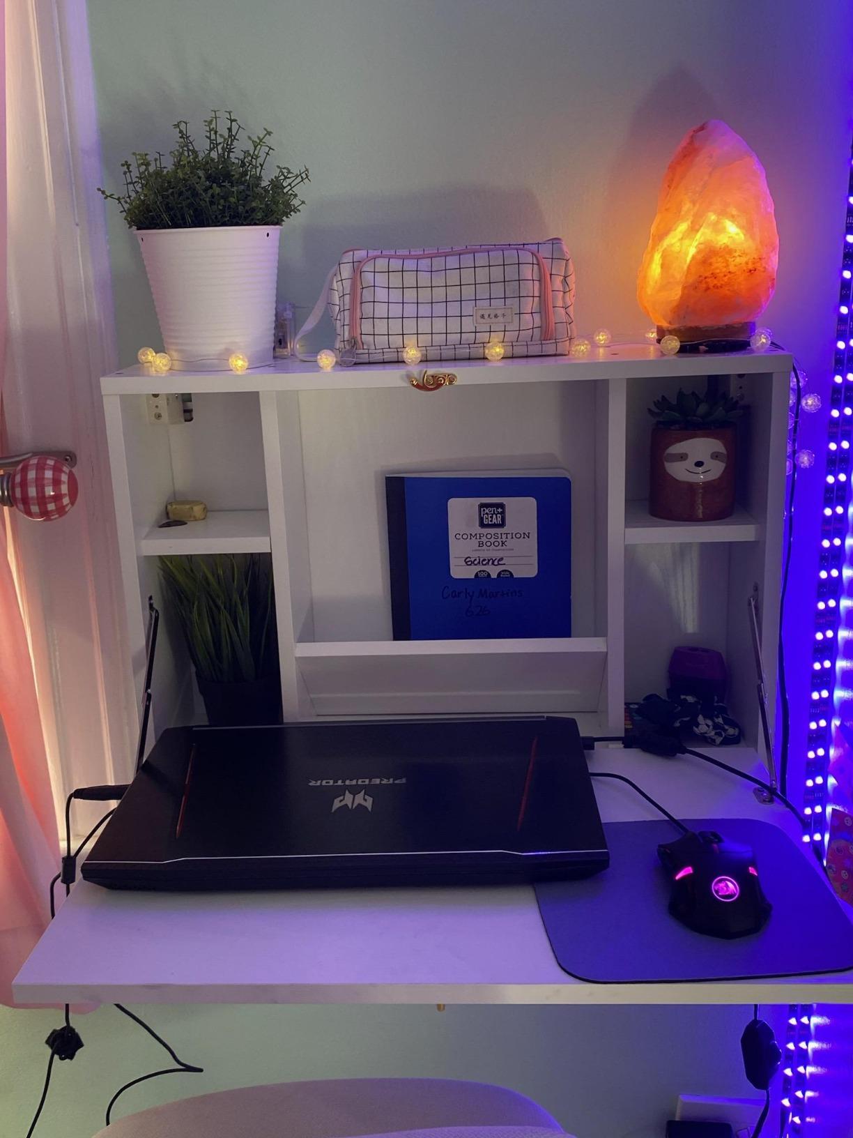 Tangkula Folding Wall Table, Floating Desk | Space Saving Wall Mounted Table with Storage Drawer & Shelves, White customer photo 2