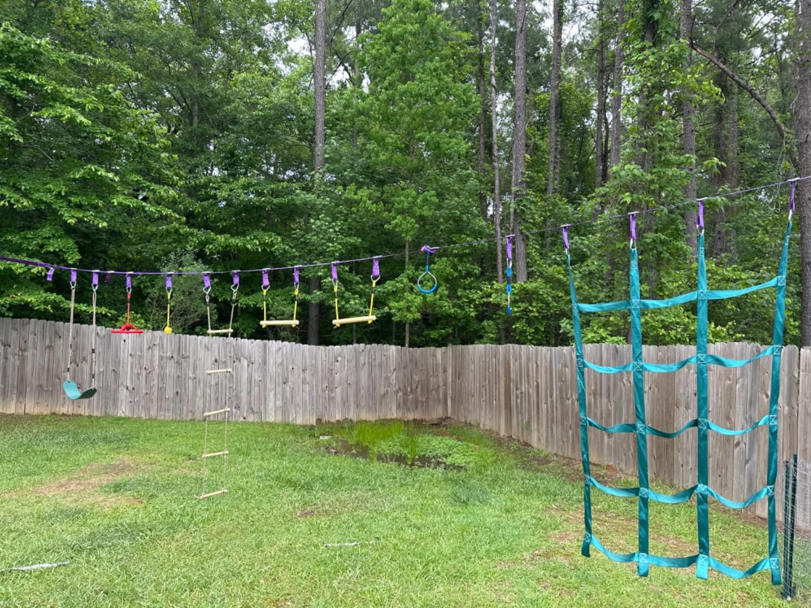 Trailblaze Ninja Warrior Obstacle Course for Kids - Ultimate Outdoor Fun 2x55 Ft Ninja Slackline Climbing Net Rope Ladder Trapeze Swing Monkey Bars - Durable and Safe Ninja Course for Kids Outside customer photo 2