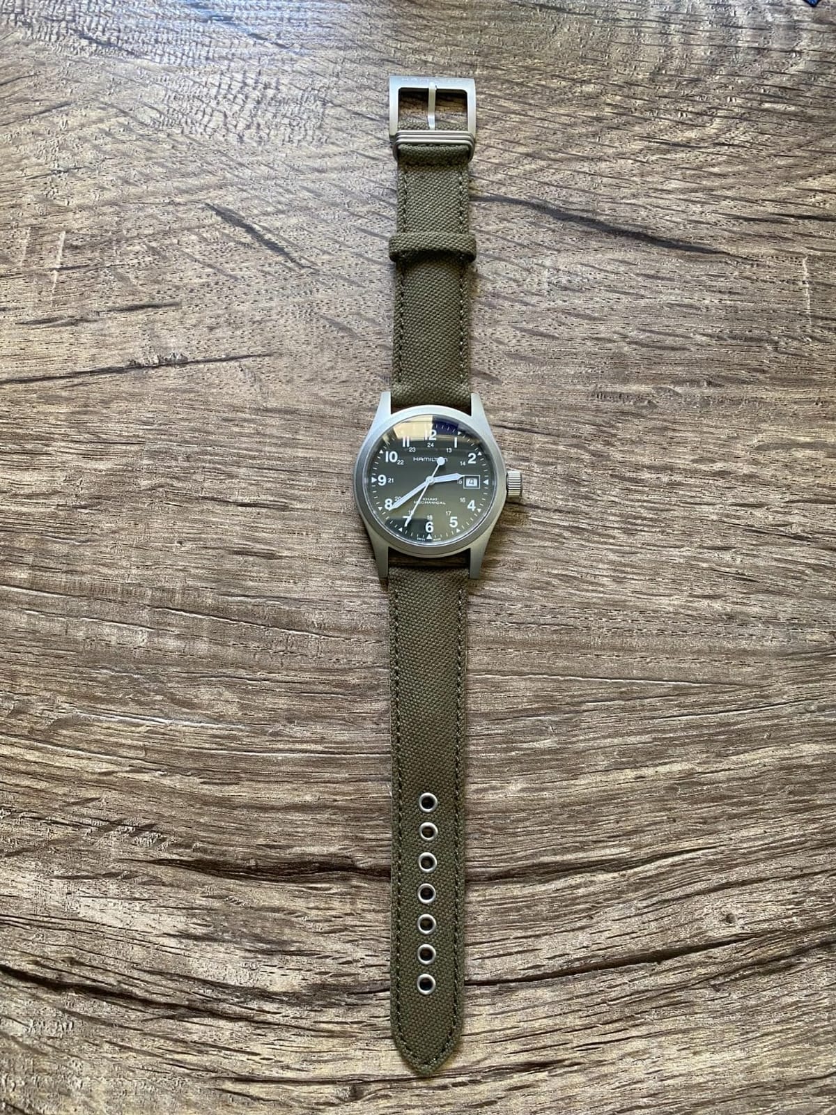 Hamilton Khaki Field Mechanical Men's Watch, 38mm Stainless Steel Case, Swiss Made, Green Dial Analog Wrist Watch for Men, 50m Waterproof, Sapphire Crystal, Canvas Strap customer photo 2