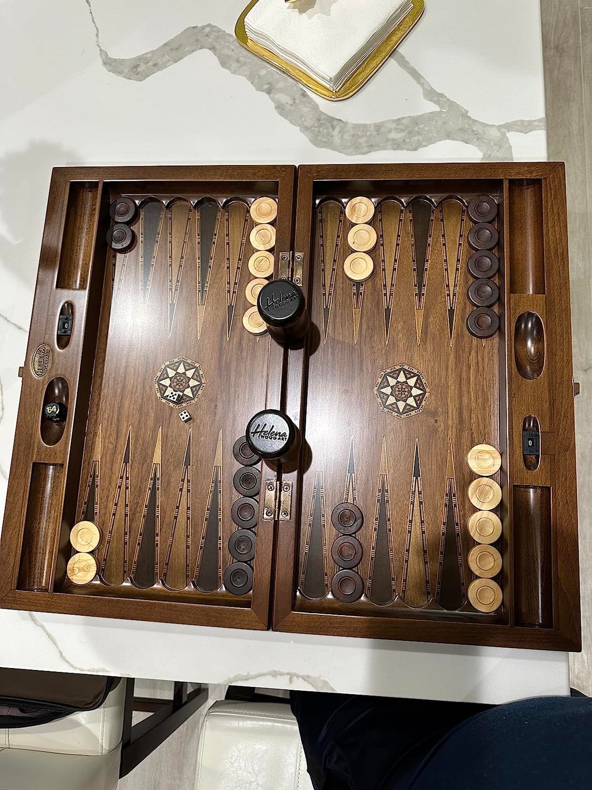 Backgammon Set Mosaic Design - Foldable Walnut Board - Classic Board Game - Size 20.5