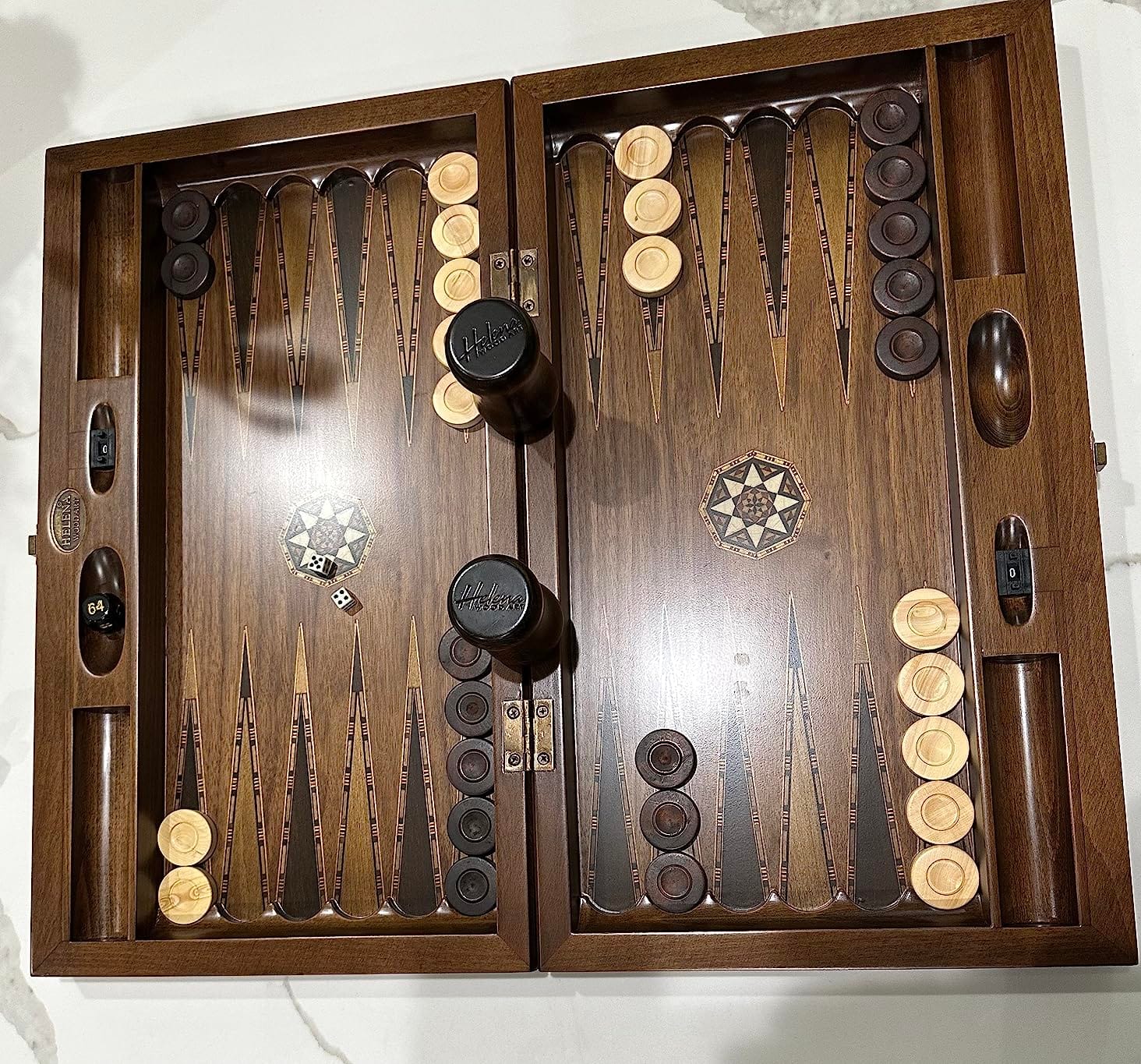 Backgammon Set Mosaic Design - Foldable Walnut Board - Classic Board Game - Size 20.5