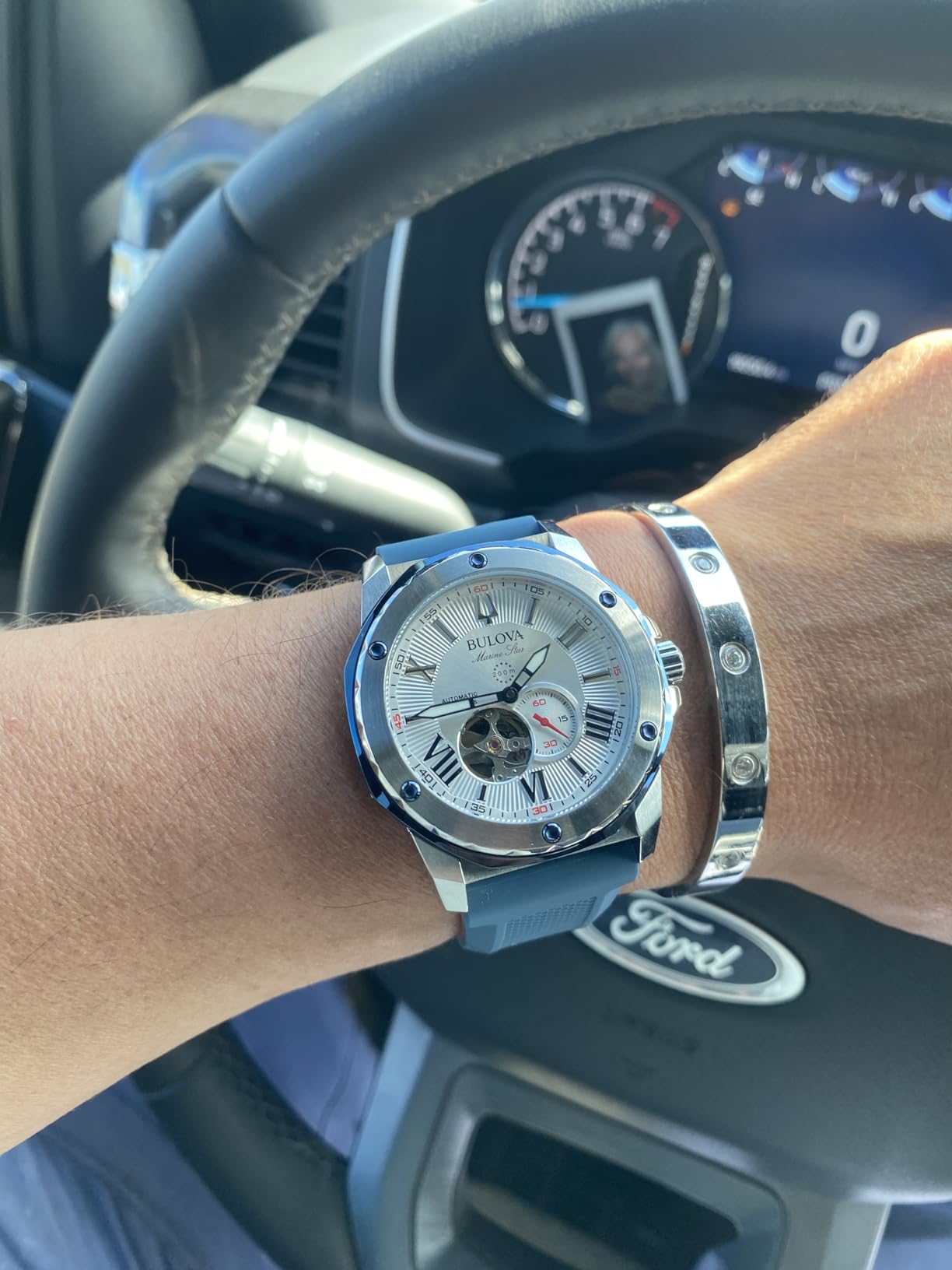 Bulova Men's Marine Star 'Series A' Automatic Stainless Steel Case with Blue Textured Silicone Strap, Open Aperture, Silver White Dial Model: 98A225 customer photo 1