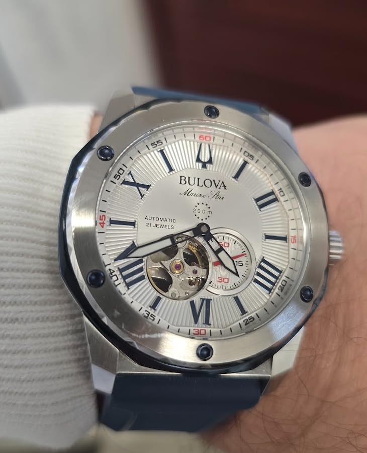 Bulova Men's Marine Star 'Series A' Automatic Stainless Steel Case with Blue Textured Silicone Strap, Open Aperture, Silver White Dial Model: 98A225 customer photo 2