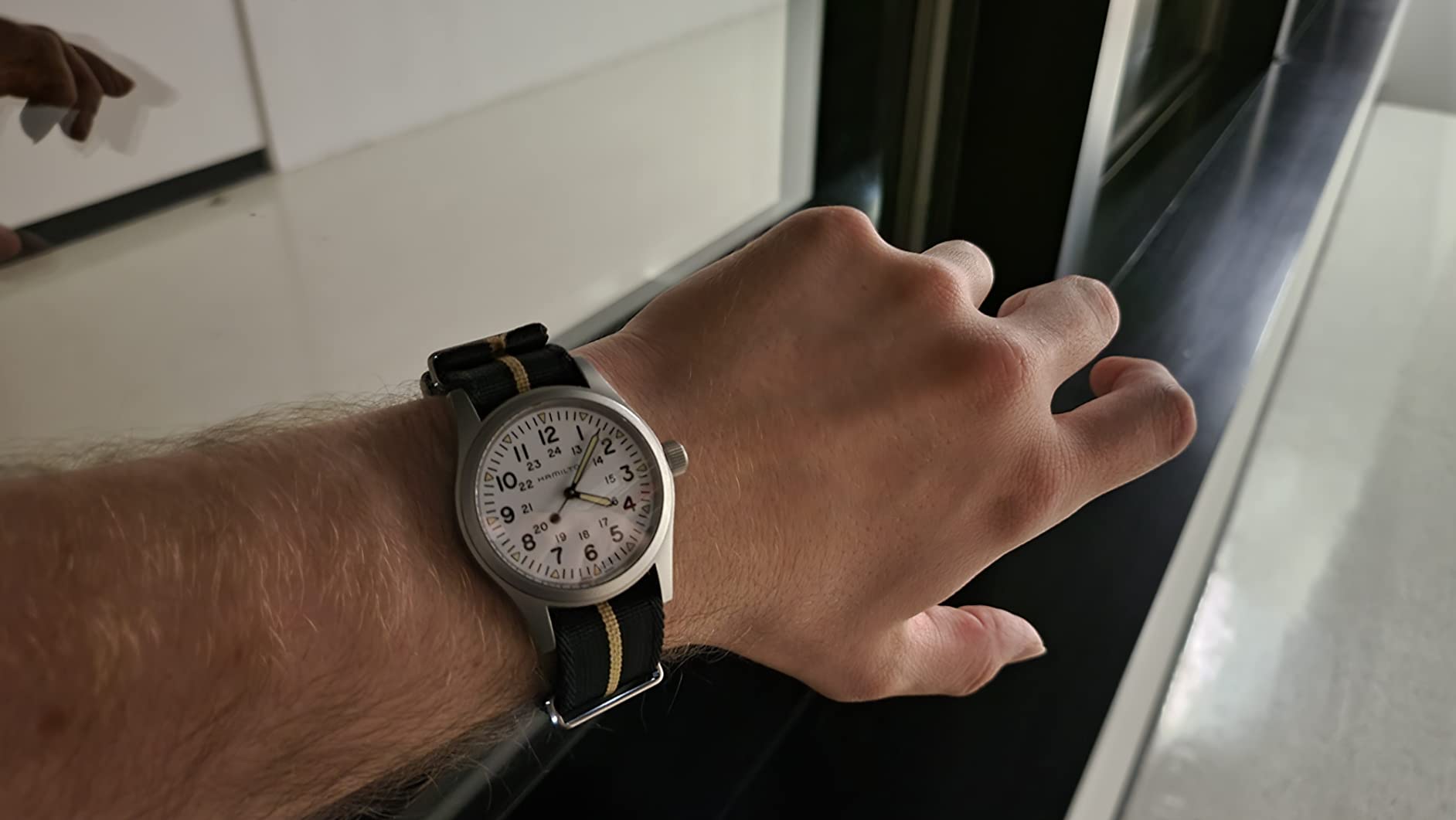 Hamilton Khaki Field Mechanical Men's Watch, 38mm Stainless Steel Case, Swiss Made, White Dial Analog Wrist Watch for Men, 50m Waterproof, Sapphire Crystal, Textile Strap customer photo 1